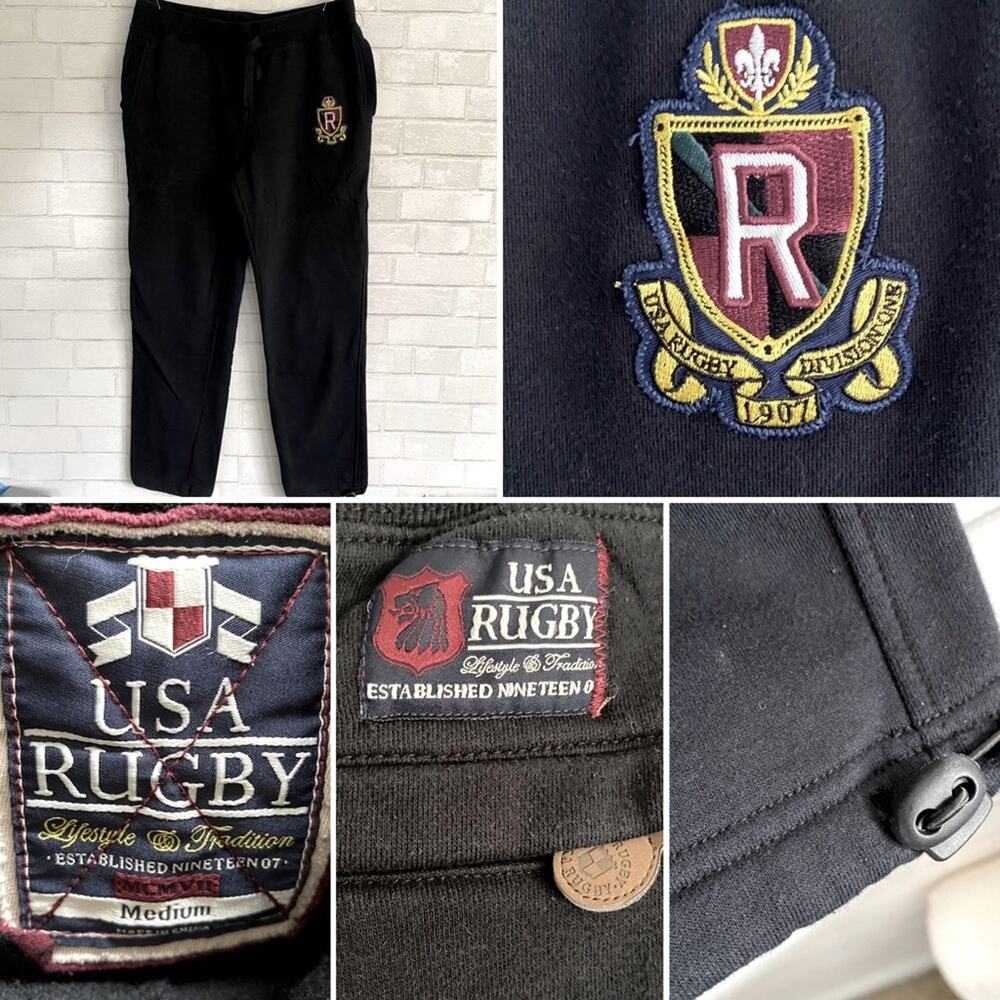 USA Rugby 1907 Division One Varsity Black Mens Athletic Jogger Size MED EUC
